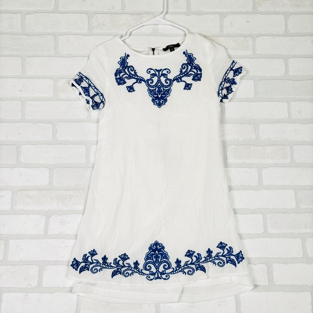 Lulus Womens XS White Blue Embroidered Floral Shift Dress Short Sleeve Zip Back